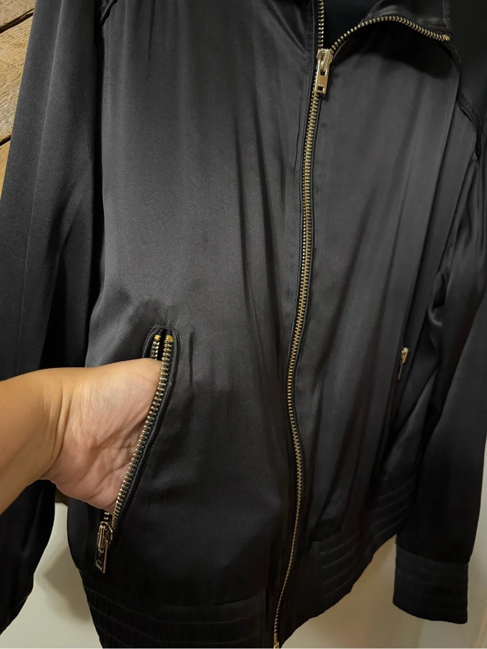 IRO Black Satin Zip-Front Bomber Jacket with Gold Hardware